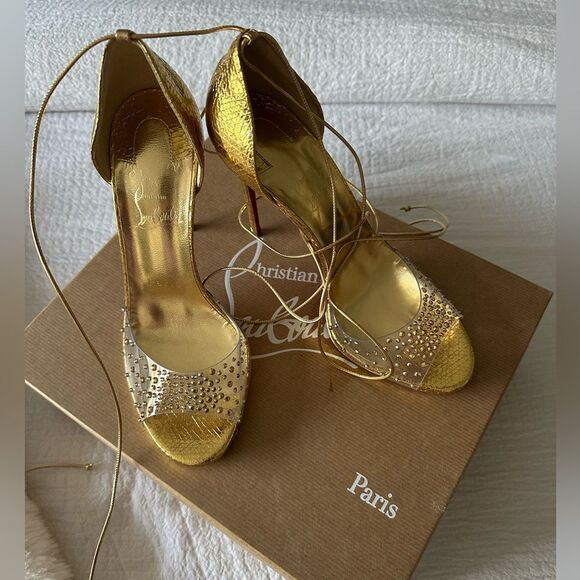 Christian Louboutin Shoes - Christian Louboutin Gold Strappy Heels with Crystal Detailing